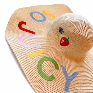 Juicy Couture Oversized Straw Floppy Hat Embroidered JUICY Fruit Beach Sun Hat